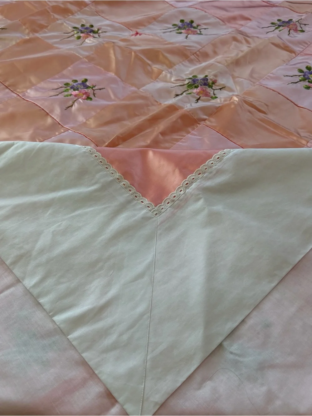 Rare Handmade Vintage Satin Embroidered Floral Bedspread Coverlet 74” x 86”